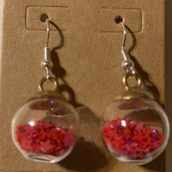 Earrings. Clear Ball with Red Stars Earrings - Picture 1 of 1